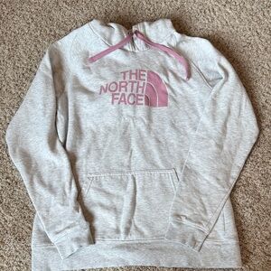 The North Face Light Gray Hoodie with Pink Logo and Drawstrings